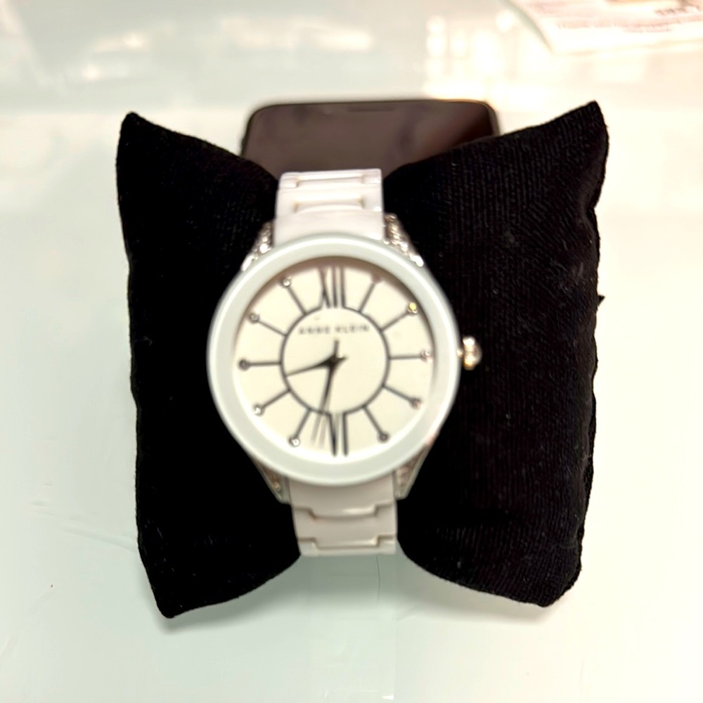 Anne Klein white ceramic bracelet watch with crystal accents